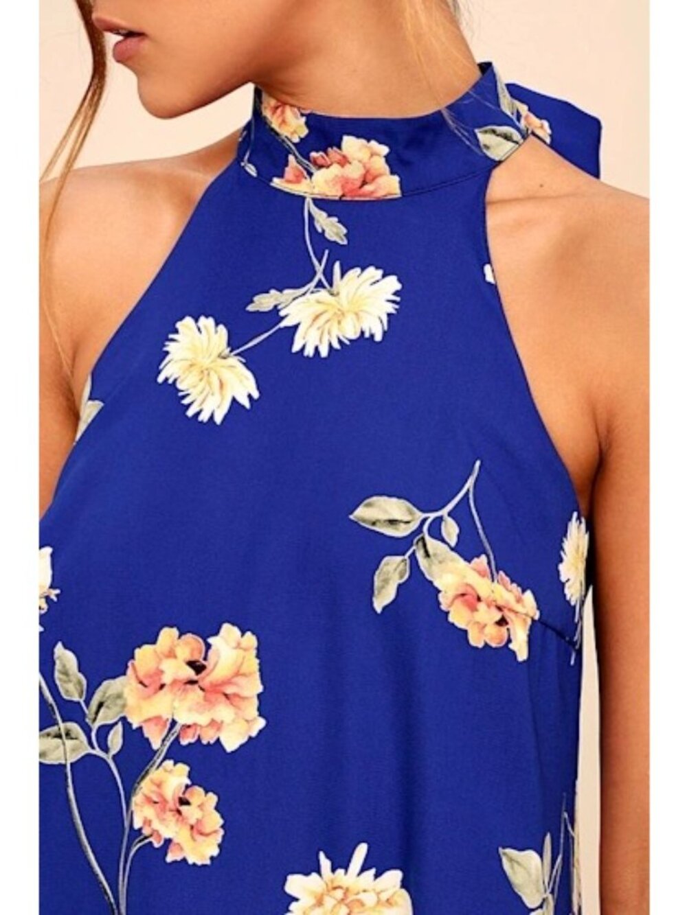 Lulus Swing Dress Size Medium Royal Blue Floral Print Sleeveless V-Neck Keyhole - Picture 5 of 14